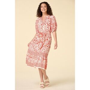 Figueroa & Flower NWT Midi Dress‎ Tiered Floral Cream Coral Orange Size Large